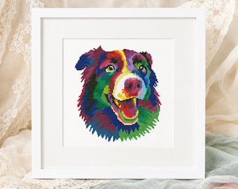 Kruissteekpatroon regenboogborder collie | Kleurrijk hondenportret | Pdf direct downloaden