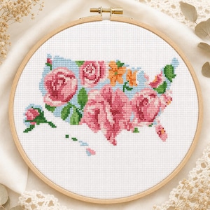 Floral USA Map Cross Stitch Pattern | Pink Rose Silhouette, Fourth of July | PDF Instant Download