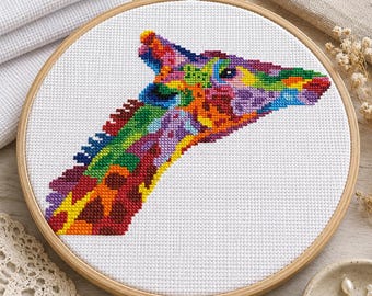 虹色のキリンのクロスステッチパターン、アフリカの動物刺繍、カラフル