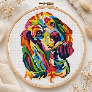 Patrón de punto de cruz de Cocker Spaniel Arcoíris / Retrato de raza a color / Descarga instantánea en PDF