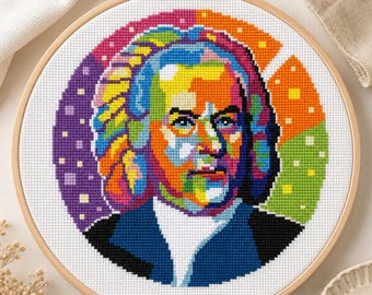 Rainbow Bach Cross Stitch Pattern | Geometric Colorful Composer Portrait | PDF Instant Download