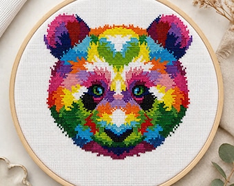 Schema per punto croce di un panda colorato / Ritratto di un panda arcobaleno / Download immediato in PDF