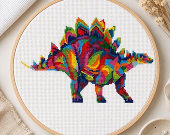 Rainbow Stegosaurus Cross Stitch Pattern | Colorful Dinosaur | PDF Instant Download