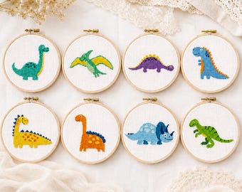 Cute Dinosaur Cross Stitch Pattern | Set of 8 Dinos | Nursery PDF Instant Download
