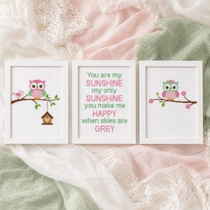 Owl cross stitch pattern set PDF — kawaii pink and mint owl portraits paired with a sunshine quote design. Great gift idea for baby showers or nursery-themed stitching projects. Digital instant download counted cross stitch chart.