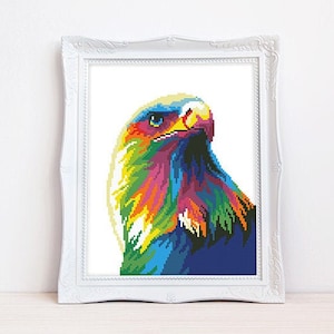 Bunter Adler Kreuzstichmuster Abstrakter Regenbogen Falke Kreuzstich Bergvogel Kreuzstich, sofort download PDF #2159