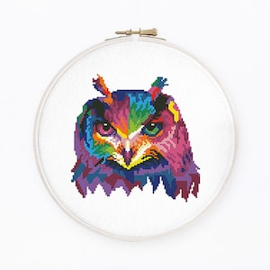 Colorful owl cross stitch pattern Abstract rainbow bird cross stitch Forest animal modern cross stitch, Instant download PDF #2157