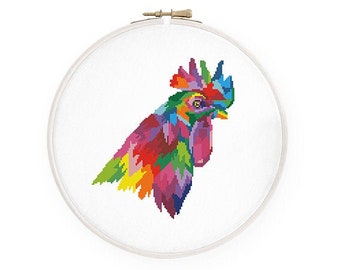 Colorful rooster cross stitch pattern Abstract rainbow rooster cross stitch Country home cross stitch Instant download PDF #1819