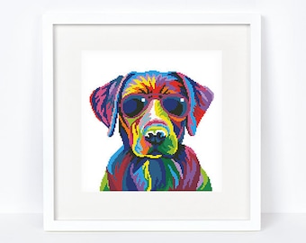 May include: A colorful, abstract painting of a dog wearing sunglasses. The dog's fur is a mix of bright colors, including blue, green, yellow, and orange. The sunglasses are black and have a reflective lens.
