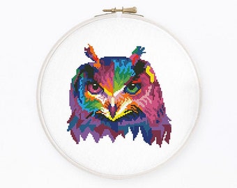 Colorful owl cross stitch pattern Abstract rainbow bird cross stitch Forest animal modern cross stitch, Instant download PDF #2157