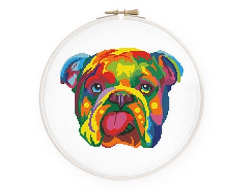 Colorful English bulldog cross stitch pattern Abstract bulldog Rainbow dog cross stitch British dog Pet memorial Instant download PDF #1809