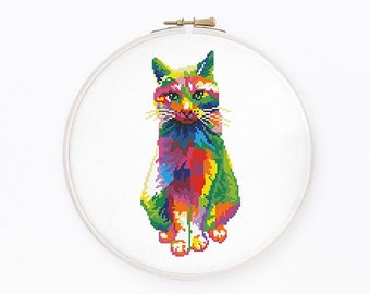 Colorful cat cross stitch pattern Abstract cute rainbow cat cross stitch Cat lady cross stitch, Instant download PDF #2155