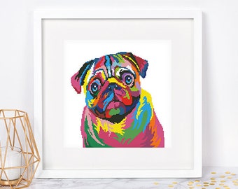 May include: A colorful, abstract painting of a pug dog. The dog is depicted in a variety of bright colors, including pink, yellow, blue, and green. The painting is framed in a white frame.