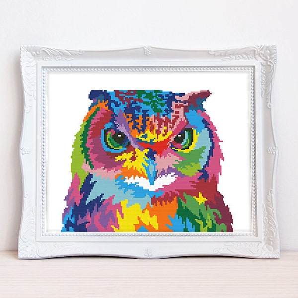 Colorful owl cross stitch pattern Abstract rainbow owl cross stitch Forest bird cross stitch, Instant download PDF #1670