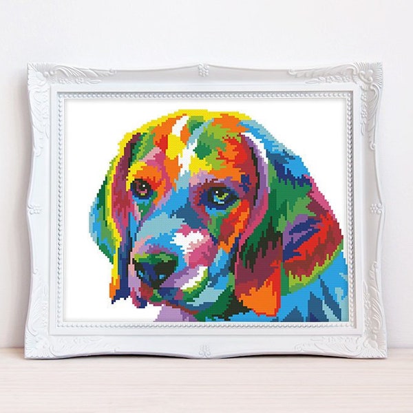 Colorful Beagle cross stitch pattern Abstract rainbow beagle cross stitch Dog breed cross stitch, Instant download PDF #1674