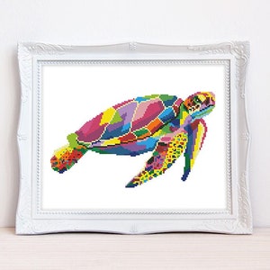 Colorful sea turtle cross stitch pattern Abstract rainbow tortoise cross stitch, Instant download PDF #2384