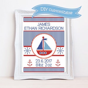 Birth announcement cross stitch pattern Nautical birth sampler cross stitch Customizable DIY, Instant download PDF #245
