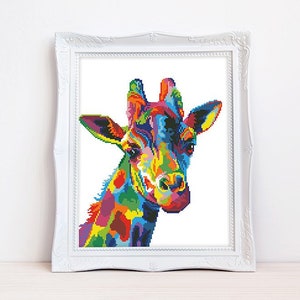 Kleurrijk girafkruissteekpatroon Abstracte regenbooggiraf, kruissteek Afrikaanse wilde dieren, pdf-bestand direct te downloaden #1692