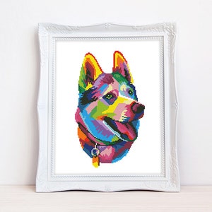 May include: A colorful, abstract portrait of a husky dog with a blue collar and a tag. The dog's fur is painted in shades of yellow, orange, red, pink, purple, blue, and green.