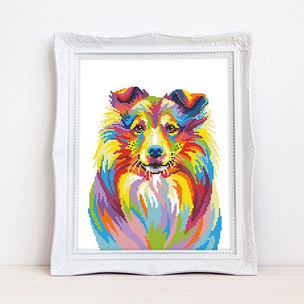 Colorful Sheltie cross stitch pattern Abstract rainbow Shetland Sheepdog cross stitch, Instant download PDF #2171