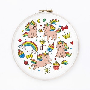 Puede incluir: Un aro de bordado blanco con un diseño colorido de cuatro gatos unicornio rosas con crines y colas arcoíris. El diseño también incluye arcoíris, estrellas, cupcakes y una corona.