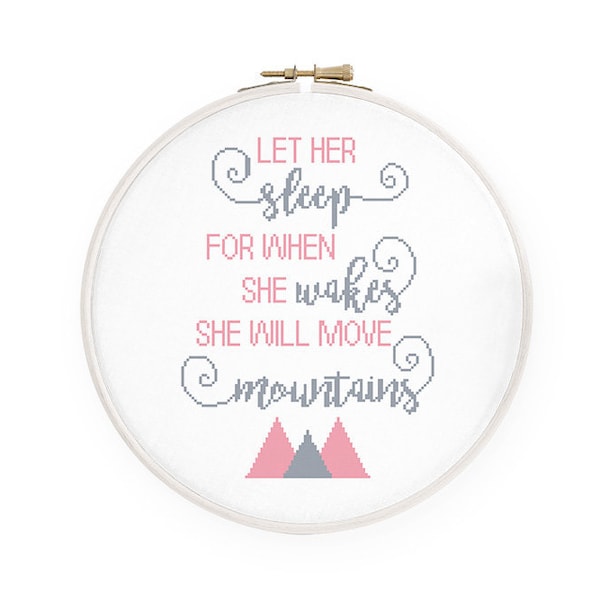 Baby girl cross stitch pattern Pink nursery cross stitch She will move mountains inspirational quote, Instant download PDF #842