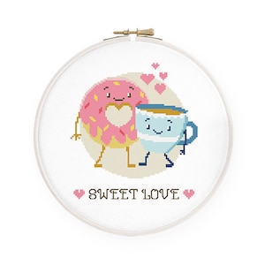 Sweet love cross stitch pattern Kawaii donut cross stitch Cup of tea, coffee, Cute dessert, Instant download PDF #1627