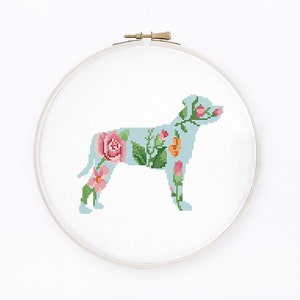 Floral English Staffordshire Terrier cross stitch pattern Watercolor Staffie silhouette cross stitch, Instant download PDF #2090