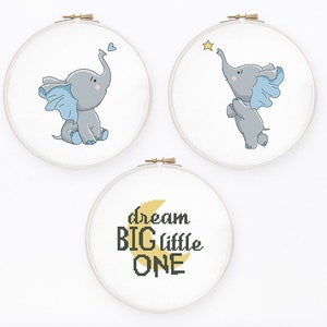 Padrão de ponto cruz grande dos sonhos, conjunto de 3 novos meninos ponto cruz gráfico de elefante citação inspiradora de berçário, download instantâneo PDF #752
