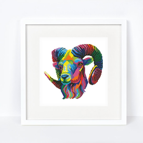 Rainbow mountain sheep cross stitch pattern Abstract colorful argali cross stitch Ram chart, Instant download PDF #2315