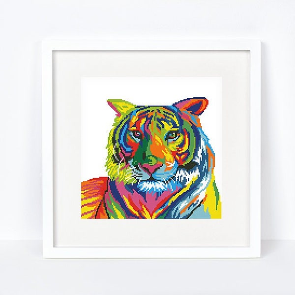 Colorful tiger cross stitch pattern Abstract African animal cross stitch Wild rainbow cat cross stitch, Instant download PDF #1651
