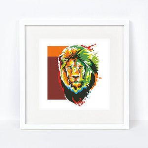 Regenbogen Löwe Kreuzstichmuster Abstrakte bunte Löwe Kreuzstich Wildtiere Afrikanische Tiere, Karte zum Sofort-Download PDF #2351