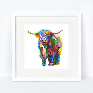 Rainbow highland cow cross stitch pattern Abstract colorful farm cow cross stitch Domestic cattle cross stitch, Instant download PDF #2378