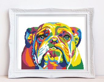 Colorful English bulldog cross stitch pattern Abstract rainbow british dog cross stitch, Instant download PDF #1612