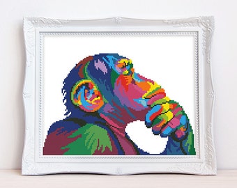 Colorful monkey cross stitch pattern Rainbow Chimpanzee cross stitch Abstract monkey Funny ape cross stitch, Instant download PDF #1656