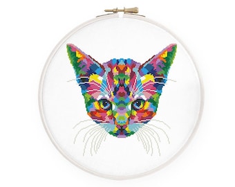 Colorful cat cross stitch pattern Abstract rainbow cat head cross stitch, Instant download PDF #1720
