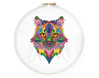 Colorful cat cross stitch pattern Abstract cat face cross stitch Cute rainbow kitten cross stitch, Instant download PDF #1766