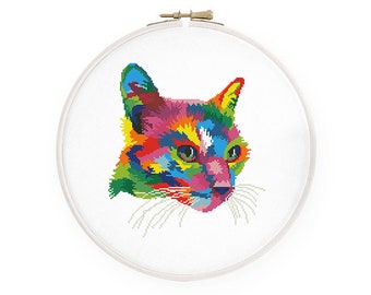Colorful cat cross stitch pattern Abstract rainbow cat head cross stitch Cat lady cross stitch, Instant download PDF #1642