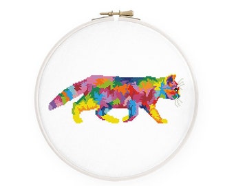 Colorful cat cross stitch pattern Rainbow cat cross stitch Abstract kitten cross stitch, Instant download PDF #1646