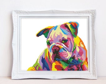 Rainbow English bulldog cross stitch pattern Colorful bulldog cross stitch Abstract dog chart, Instant download PDF #2374