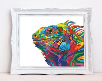 Colorful iguana cross stitch pattern Abstract rainbow lizard cross stitch Wild animal cross stitch, Instant download PDF #1659