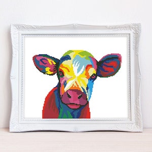 Colorful calf cross stitch pattern Abstract rainbow cow cross stitch Domestic cattle cross stitch, Instant download PDF #2200