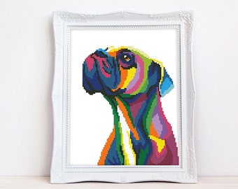Colorful Boxer Dog cross stitch pattern Abstract rainbow German Boxer cross stitch, Instant download PDF #2205