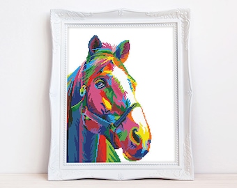 Colorful horse cross stitch pattern Abstract farm animal cross stitch Rainbow equine cross stitch, Instant download PDF #1689