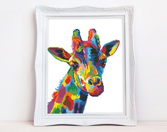 Colorful giraffe cross stitch pattern Abstract rainbow giraffe cross stitch African wild animal chart, Instant download PDF #1692