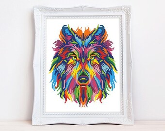 Colorful wolf cross stitch pattern Abstract wild animal cross stitch Forest rainbow animal, Instant download PDF #1704