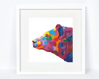 Colorful bear cross stitch pattern Easy abstract bear head cross stitch Forest wild animal, Instant download PDF #2076