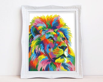 Colorful lion cross stitch pattern Abstract rainbow lion cross stitch African animal cross stitch, Instant download PDF #1652