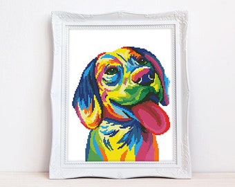 May include: A colorful pixelated illustration of a dog with a bright pink tongue sticking out. The dog's fur is a mix of blue, green, yellow, and orange.