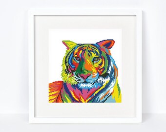 Colorful tiger cross stitch pattern Abstract African animal cross stitch Wild rainbow cat cross stitch, Instant download PDF #1651